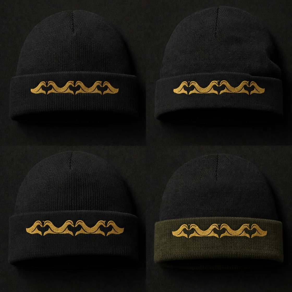 Bestaande ontwerpvisual met vier S.O.M.E.-mutsen en gouden logoband