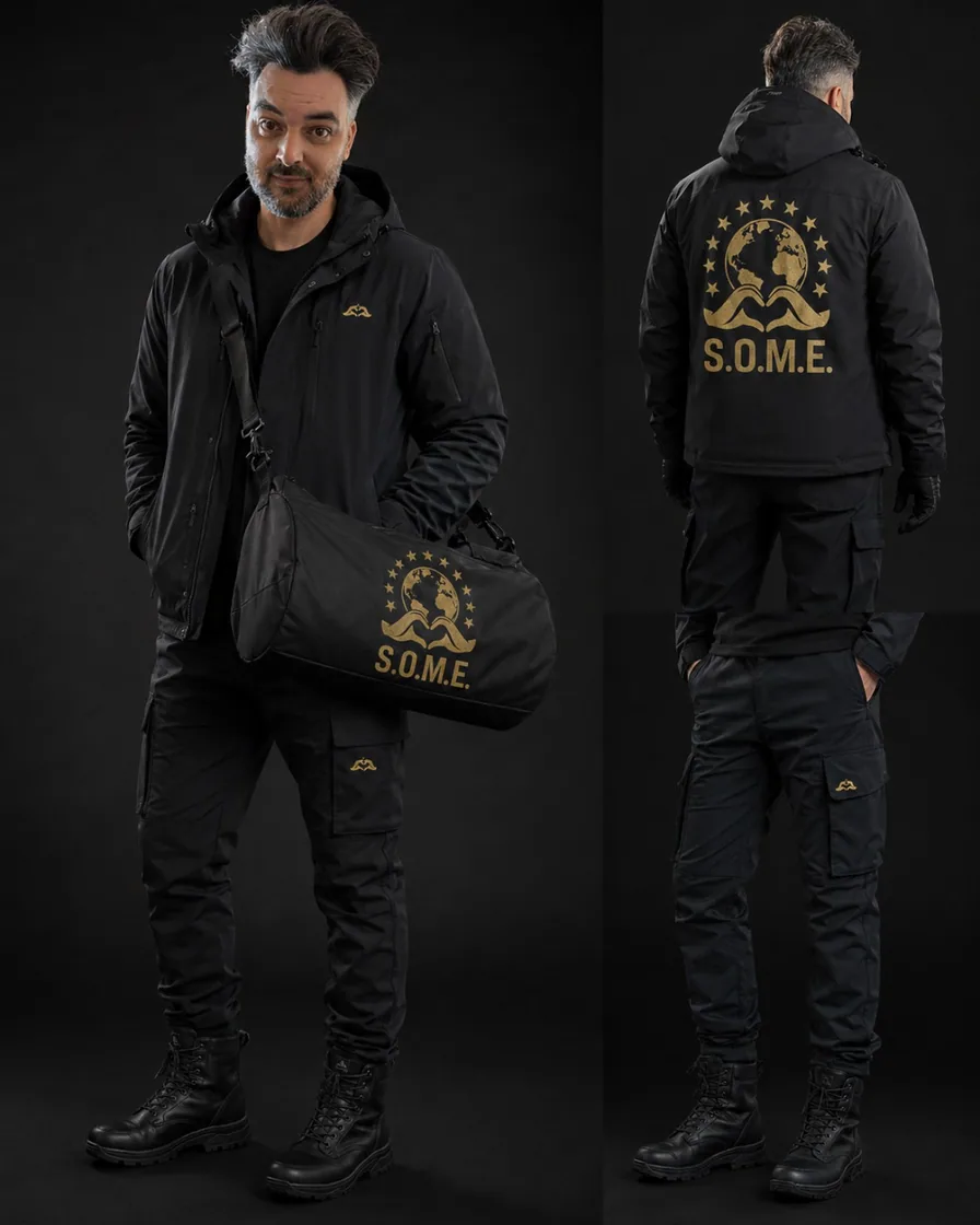Conceptvisual van donkere S.O.M.E.-outfit met schoudertas